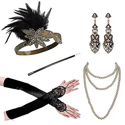1920s accessories Vintage Headband Black Ostrich Feather Glove Cigarette Holder Flapper Headband Set