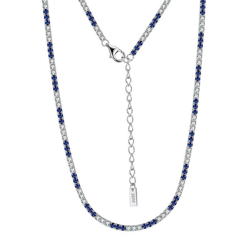 Melynn iced out 2mm sapphire CZ tennis chain plata 925 sterling silver rhodium plated zirconia diamond tennis necklace