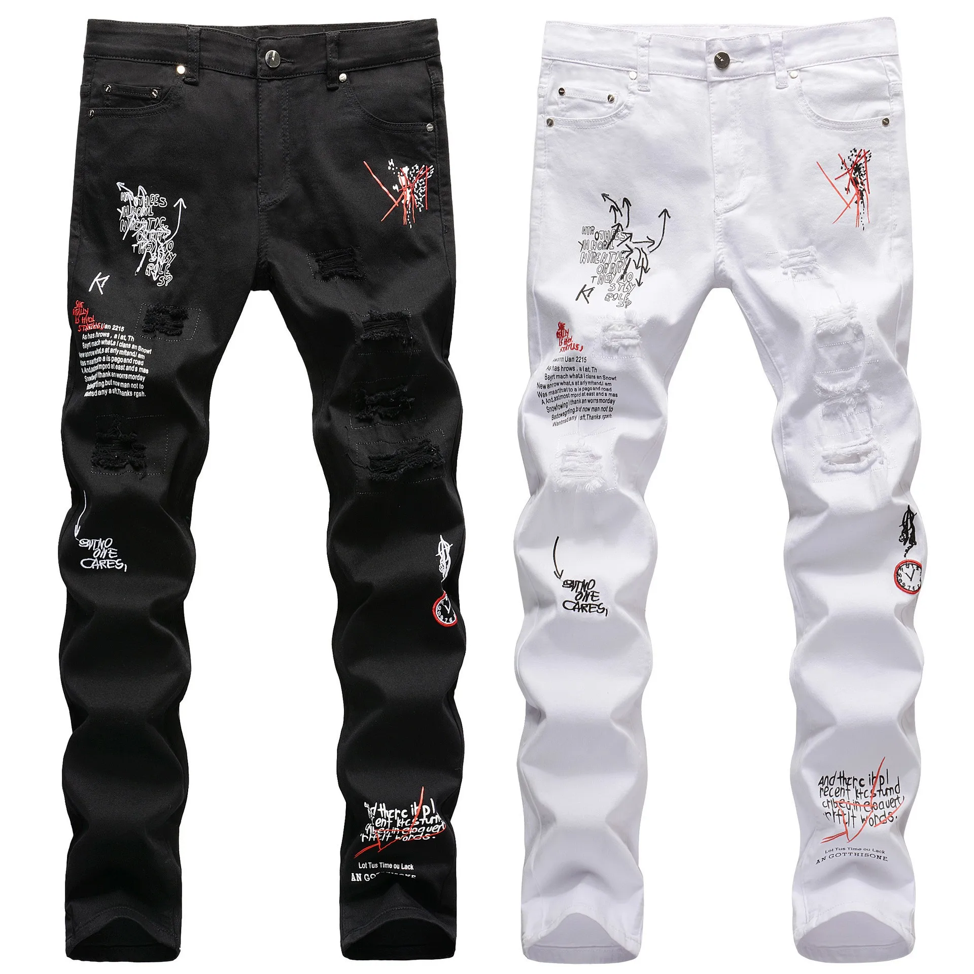 AeeDenim street style Custom Ripped English embroidery printing black white slim fit small straight personality graffiti Jeans
