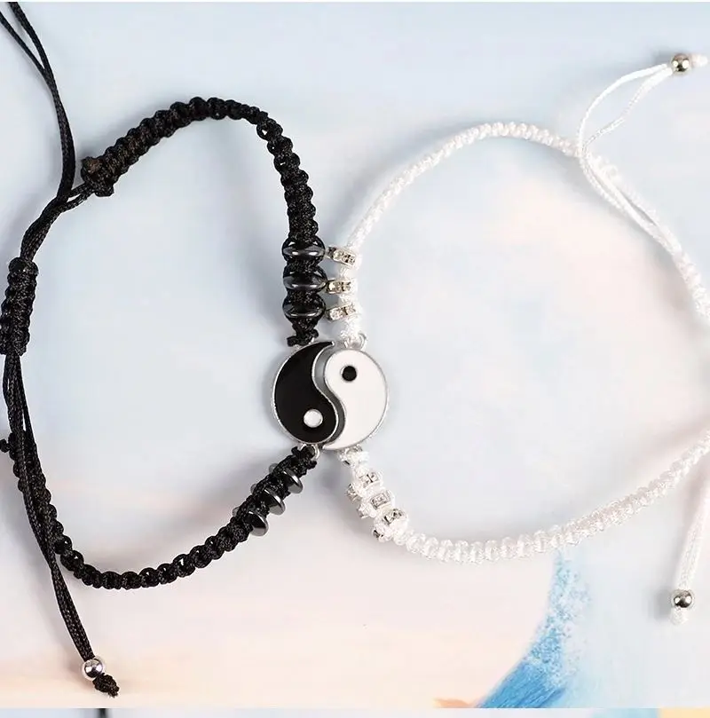 1 Set Tai Chi Yin Yang Paired Pendants Charms Braided Chain Couple Couple Bracelet and Necklaces For Women Men Best Friends