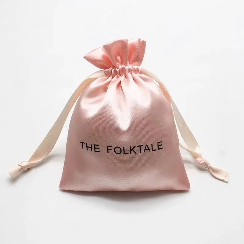 Custom Logo Printed Pink Satin Hair Lingerie Packing Drawstring Bag Luxury Wedding Gift Wig Storage Silk Pouch