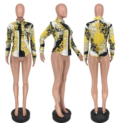 European And American Women's Fashion Sexy Printed Shirt Single-row Button-down Shirt