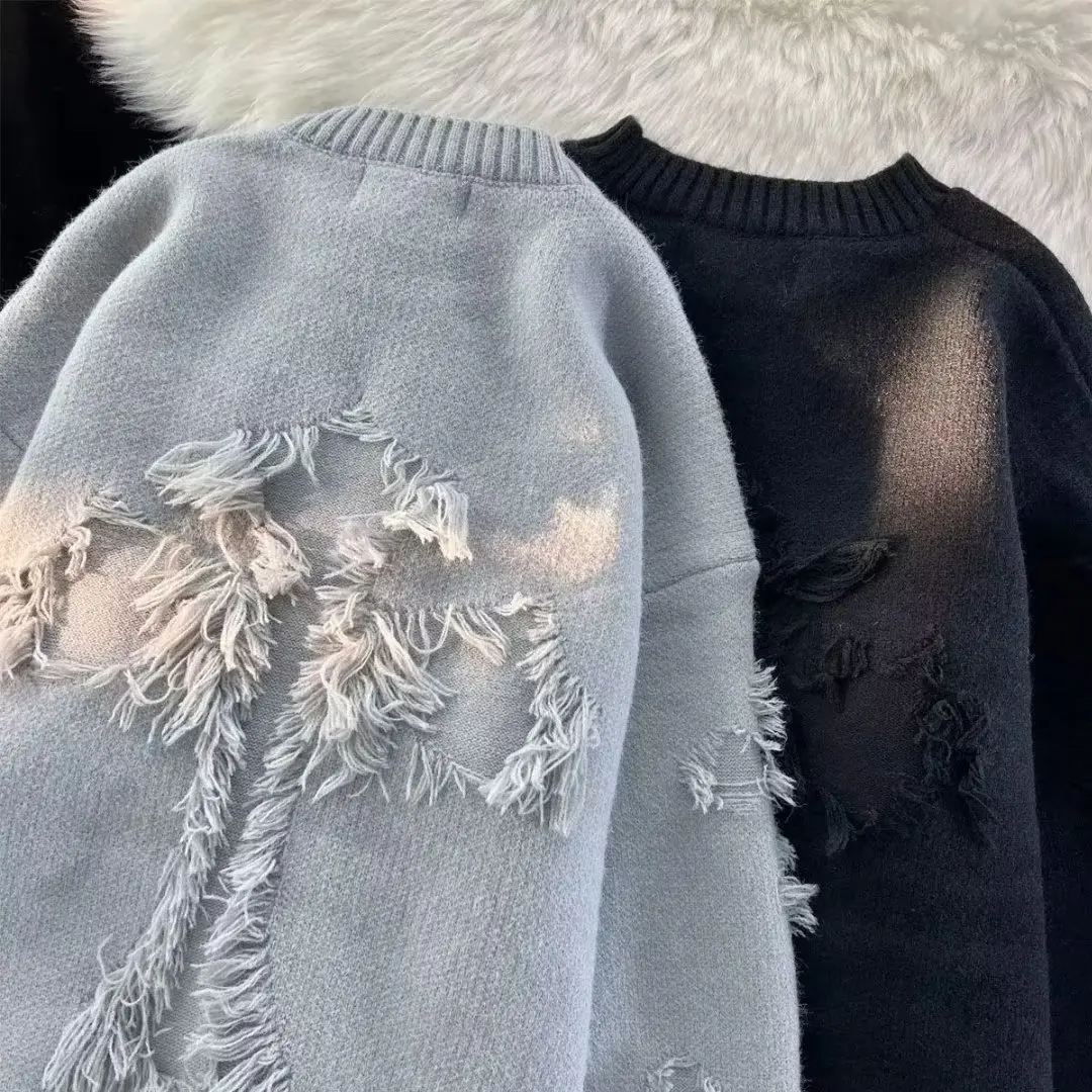 Factory Price wash and dye to make old fringe holes round collar knit sweater