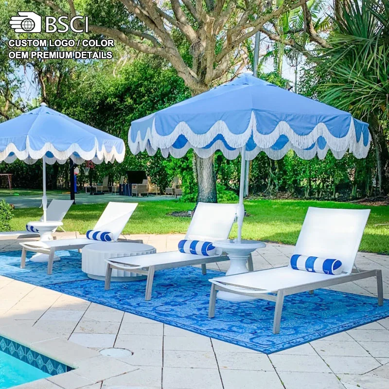 Outdoor 10ft Large Aluminum Pole Polyester Patio Parasols Fringed Garden Pool Portch Market Umbrellas for Restaurant Hotel Shop