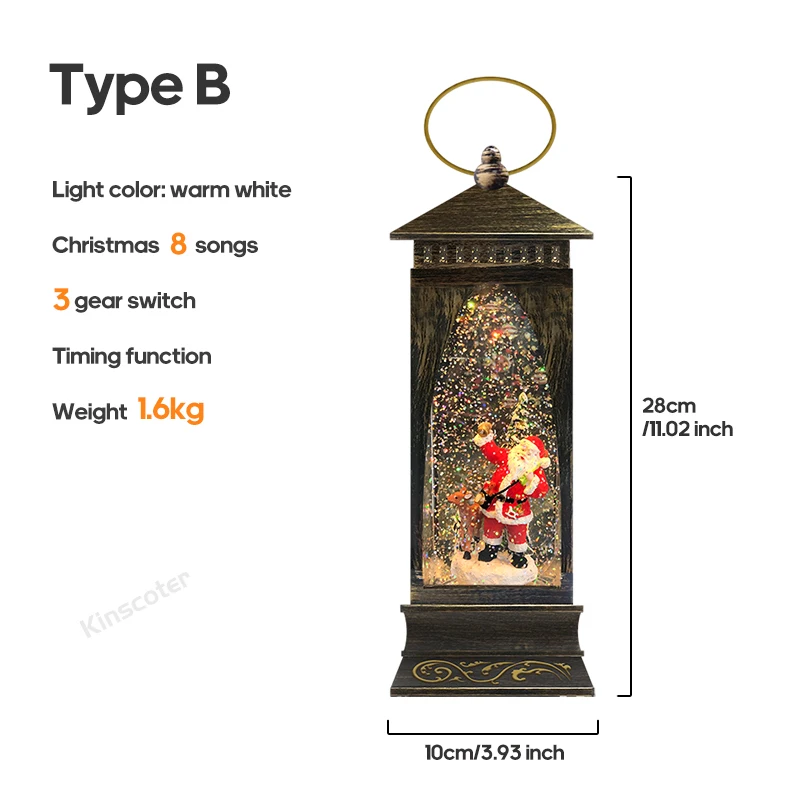 Hot Sale Metal Snow Globe Light Music Battery Operated Christmas Snowing Lamp Lantern For Gift