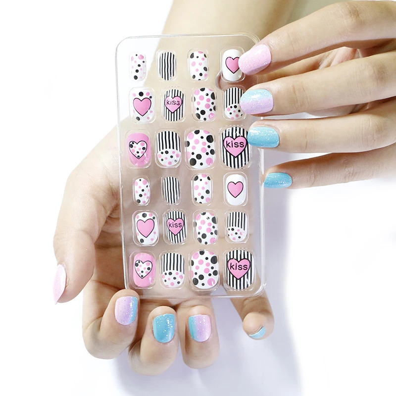 24PCS False Nail Tips Full Cover Cute False Nails Art Girls Acrylic Patterns Kids Children Press On Nails