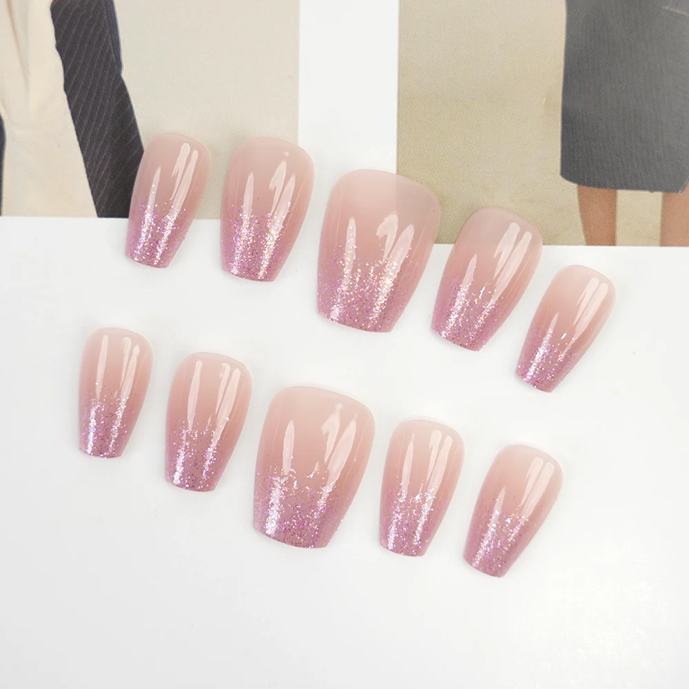 Cheap Price Press On Designer Nails Bulk Medium Coffin Artificial Acrylic Fingernail Tips Nude Pink Glitter Ombre Reusable Nails