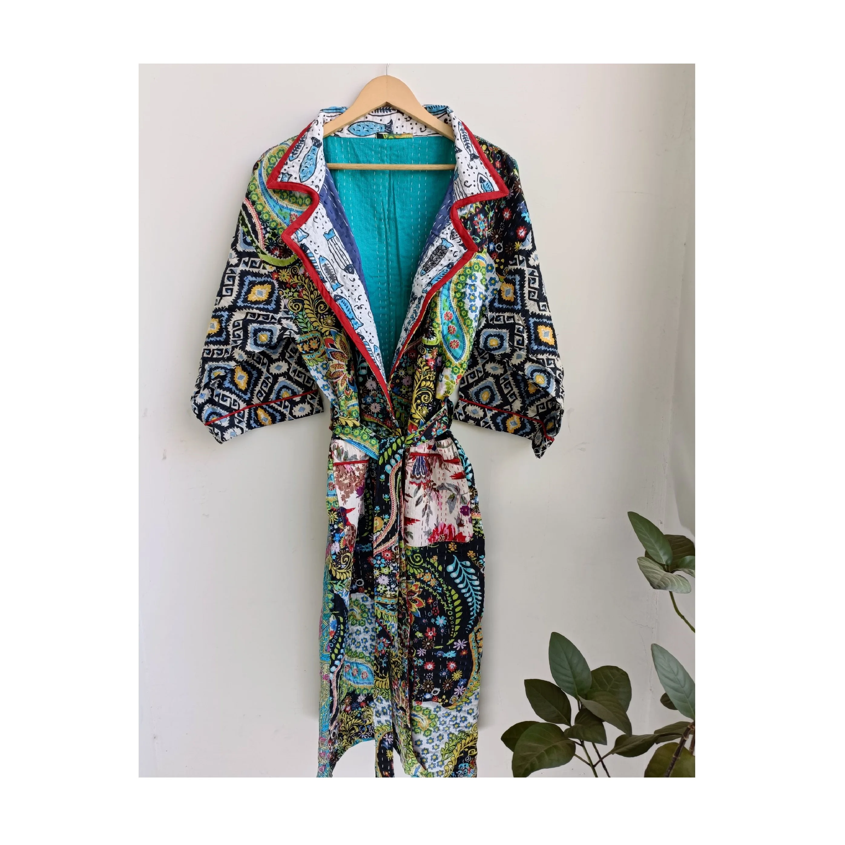 Indian Kantha Printed Robe Gown Women Boho Maxi Long Kimono Dress Sleepwear at Wholesale Price from India