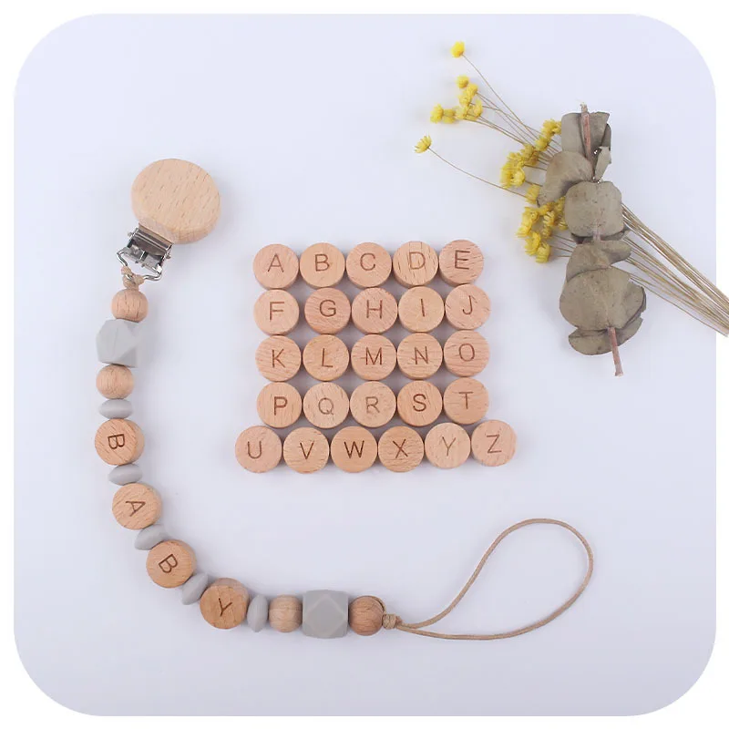 15mm Flat Round Alphabet Beech Wooden Beads Loose Beads Initial Letter Beads Pacifier Chain Necklace Bracelet Accessories