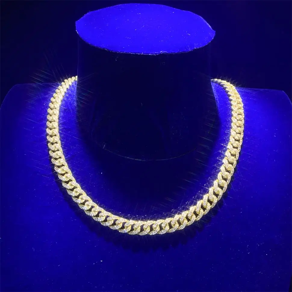 Fine 9MM Hip Hop Style Cuban Chain Yellow Gold Plated Iced Out Pave 5A CZ Shiny Round Diamond 925 Sterling Silver Necklace