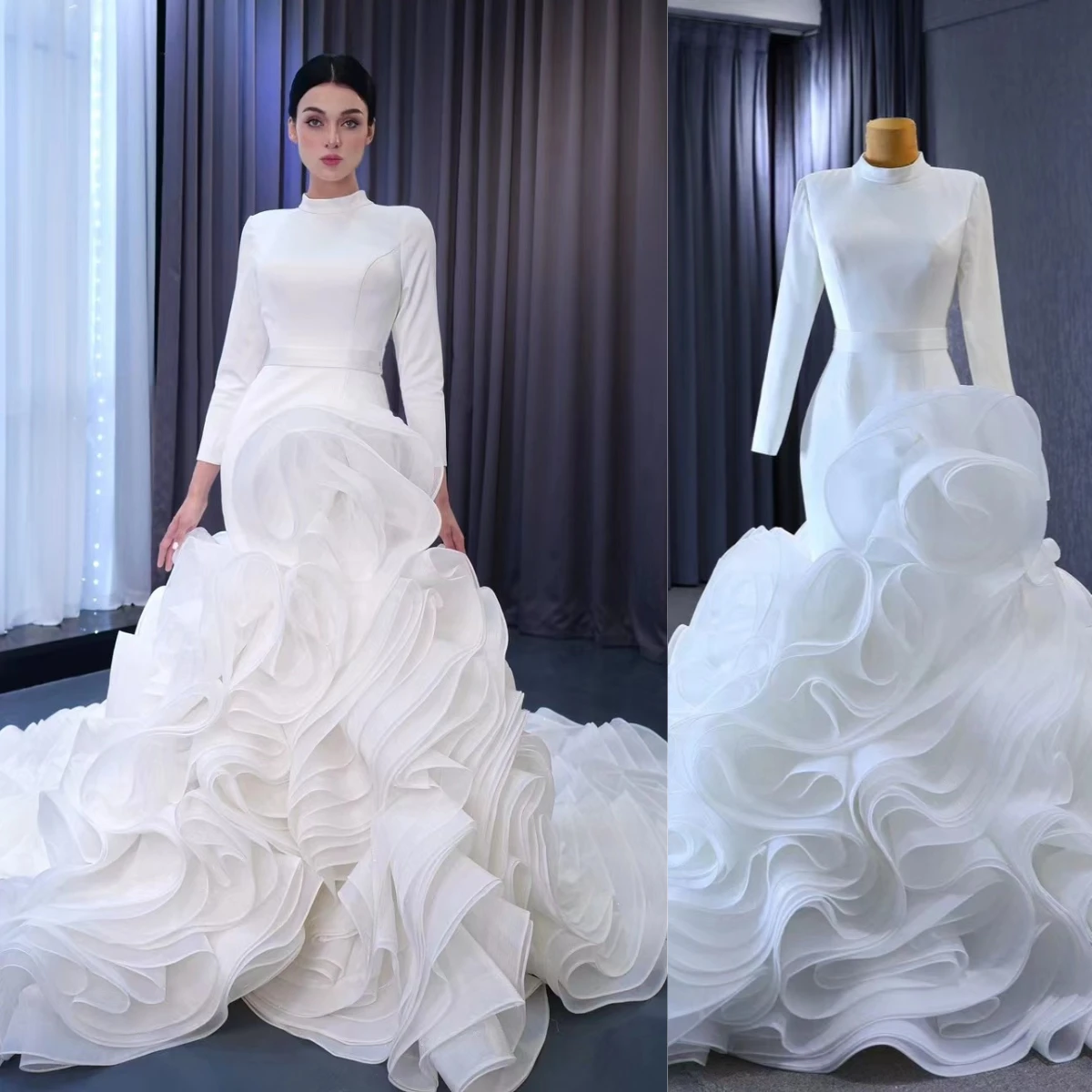 QUEENS GOWN Bridal muslim ivory mermaid dress  Luxury wedding gown ruffles wedding dresses