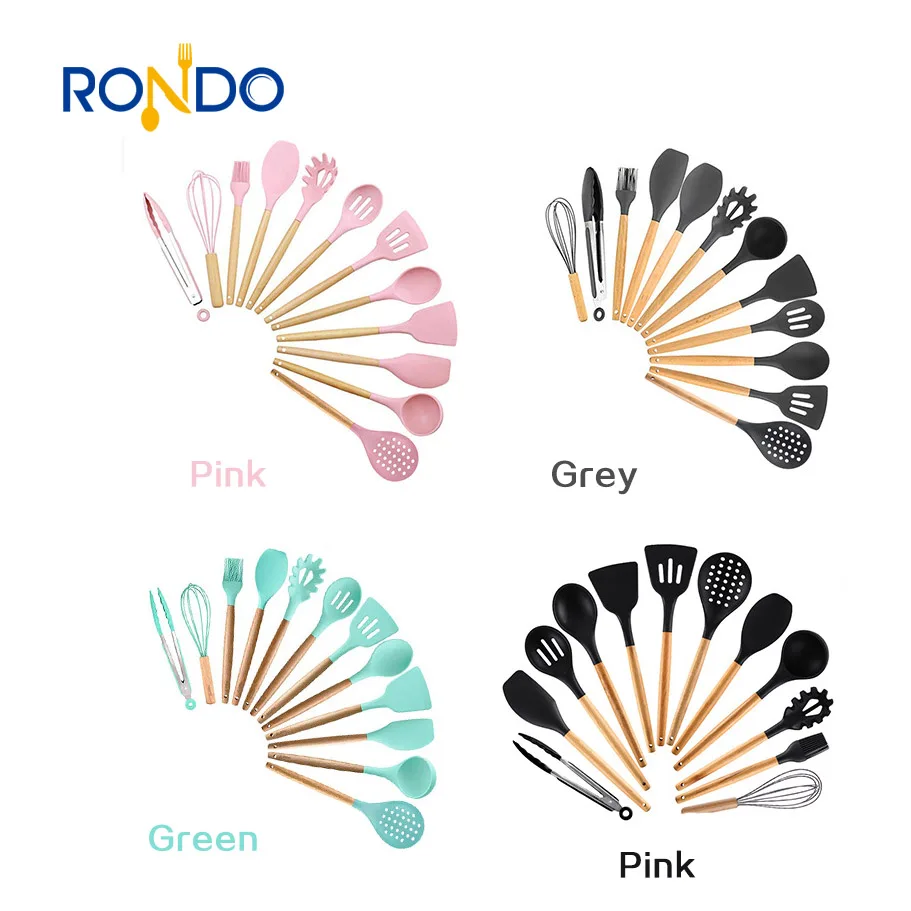 Wholesale 12 Pieces In 1 Set Silicone Kitchen Cooking Tools Stand Kitchenware BBQ Eco Silicone Wooden Kitchen Utensils