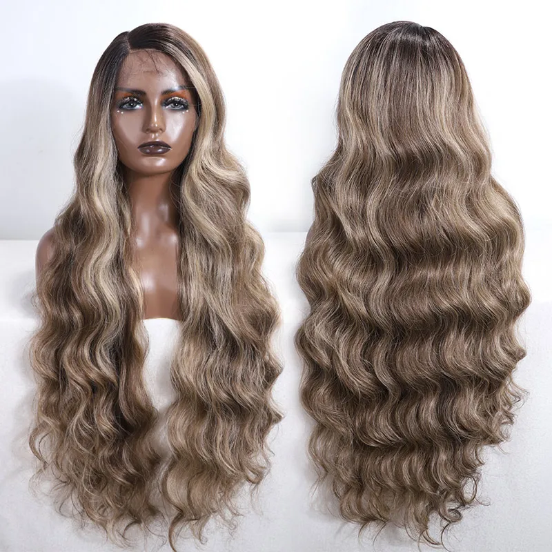 Long Layered Body Wave Grace 36 Inch Floral Purple Black Color Heat Resistant Synthetic Hair Easy 360 Synthetic Lace Front Wig