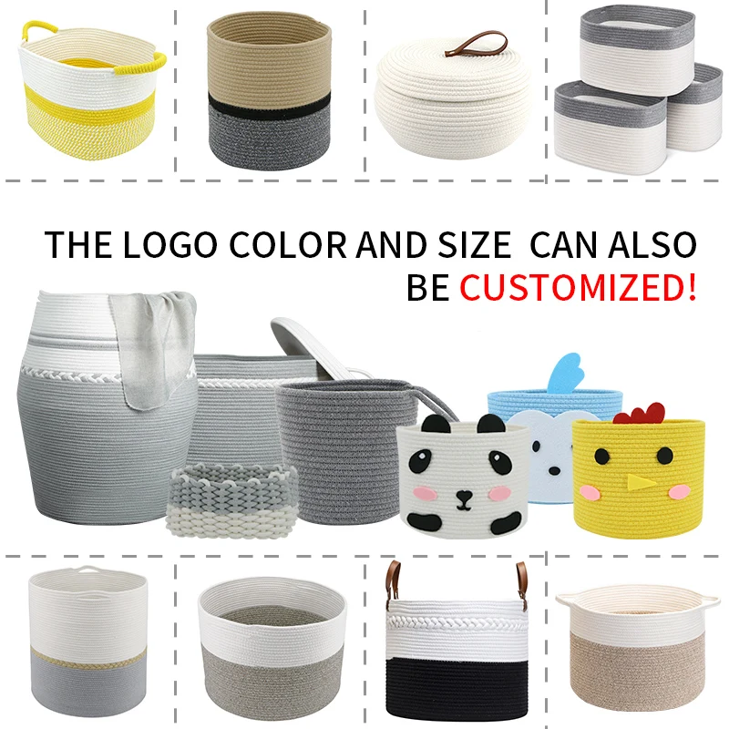 Dual-Braided Decorative fashion foldable Woven Laundry Cotton Rope storage Basket with Leather Handles