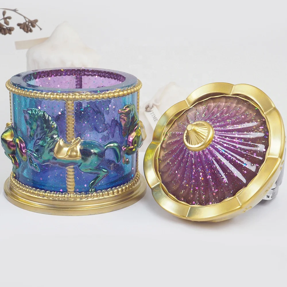DM790 Carousel Horse Jar Mold Jewelry Storage Box Epoxy Resin Silicone Mold For cement concrete plaster