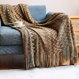 Hot sale bohemian decor stripe tassel knit blanket pattern puffy blanket for native american blanket
