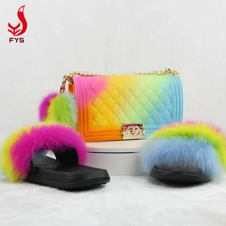 
OEM women kids children fur slippers matching handbag fur slides and purse vendor 