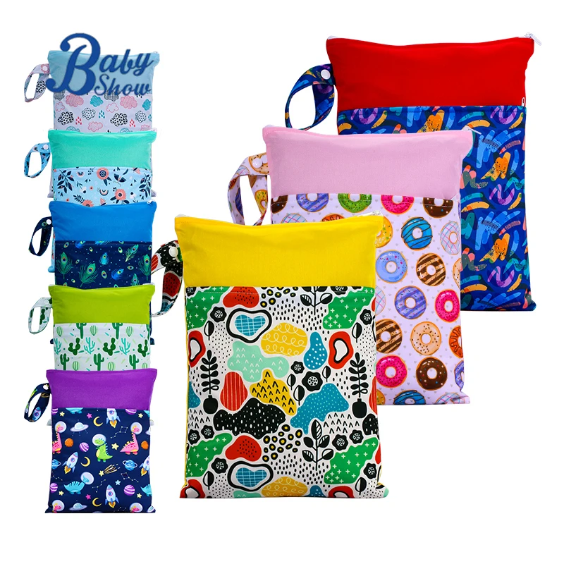 Custom Beautiful Pattern polyester baby waterproof Swimsuit Bag Double Pocket Baby Diaper Dry Wet bag