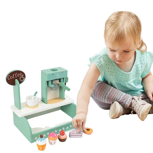 New Arrival Hot sale role play wooden coffee machine with tea and cake set toy for kids