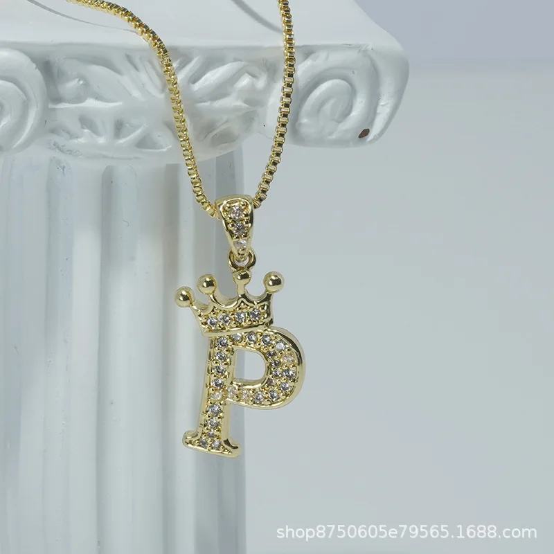 26 Capital Letters Fashion Crown Pendant Gold Plated Alloy Zircon Initial Pendent