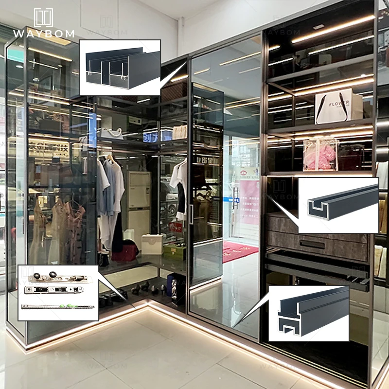 Waybom luxury aluminum four glass door frame metal wardrobe sliding 2 door style B door profiles home minimalist design