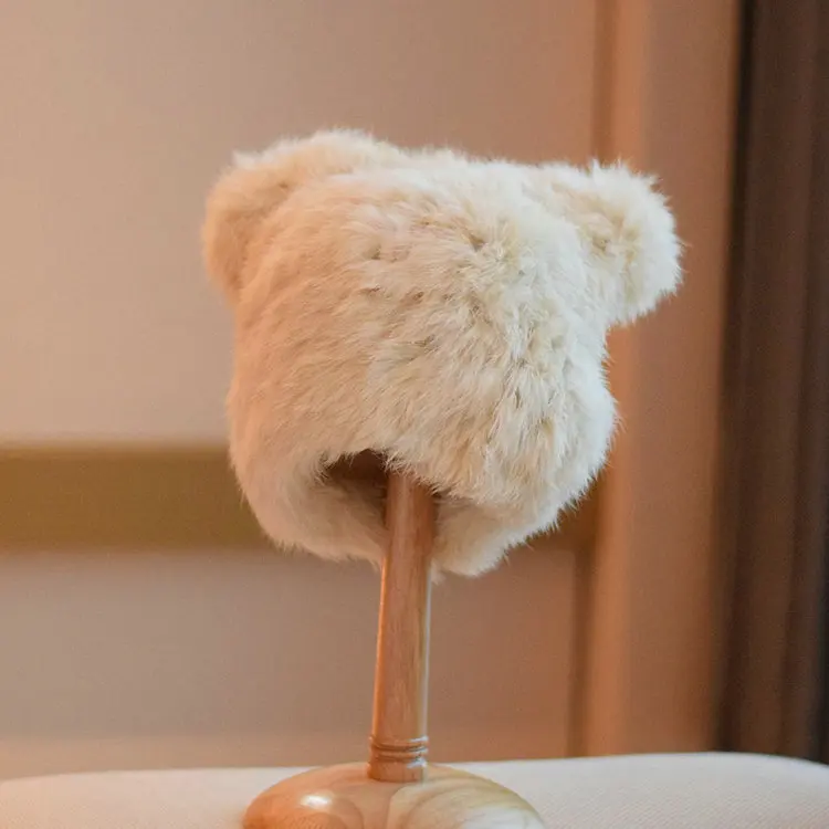 New arrival custom Woman Winter Real Rabbit Fur Beanie Hats animal Cat ears warm winter cap for girls