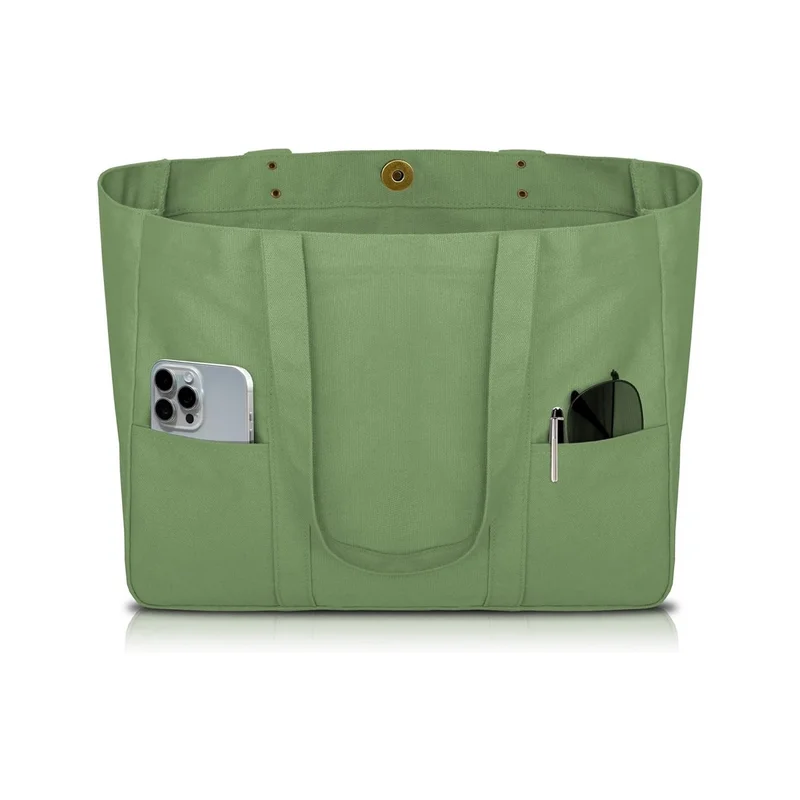 Hot large size colored beach women handbag calico canvas tote bag heavy duty vintage green canvas tote bag with magnet closure