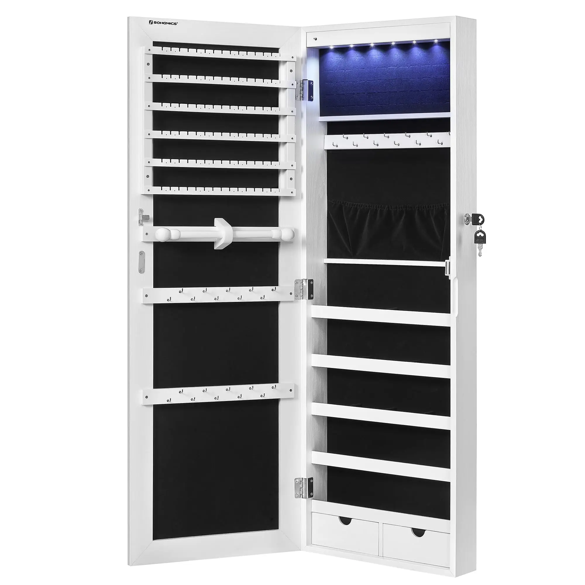 Nicetree Large Capacity Lockable Jewelry Armoire Organizer 6 LEDs Mirror Jewelry Cabinet White Wall Mounted Mirror Storage