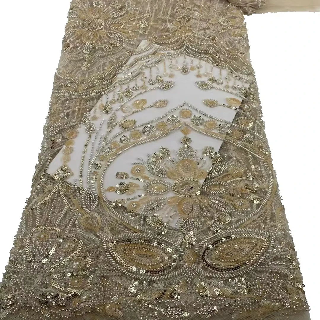 New fashion luxury Dubai Wedding Party Dress Bridal Dress heavy gold Beaded lace with sequins Austria Embroidery Fabric