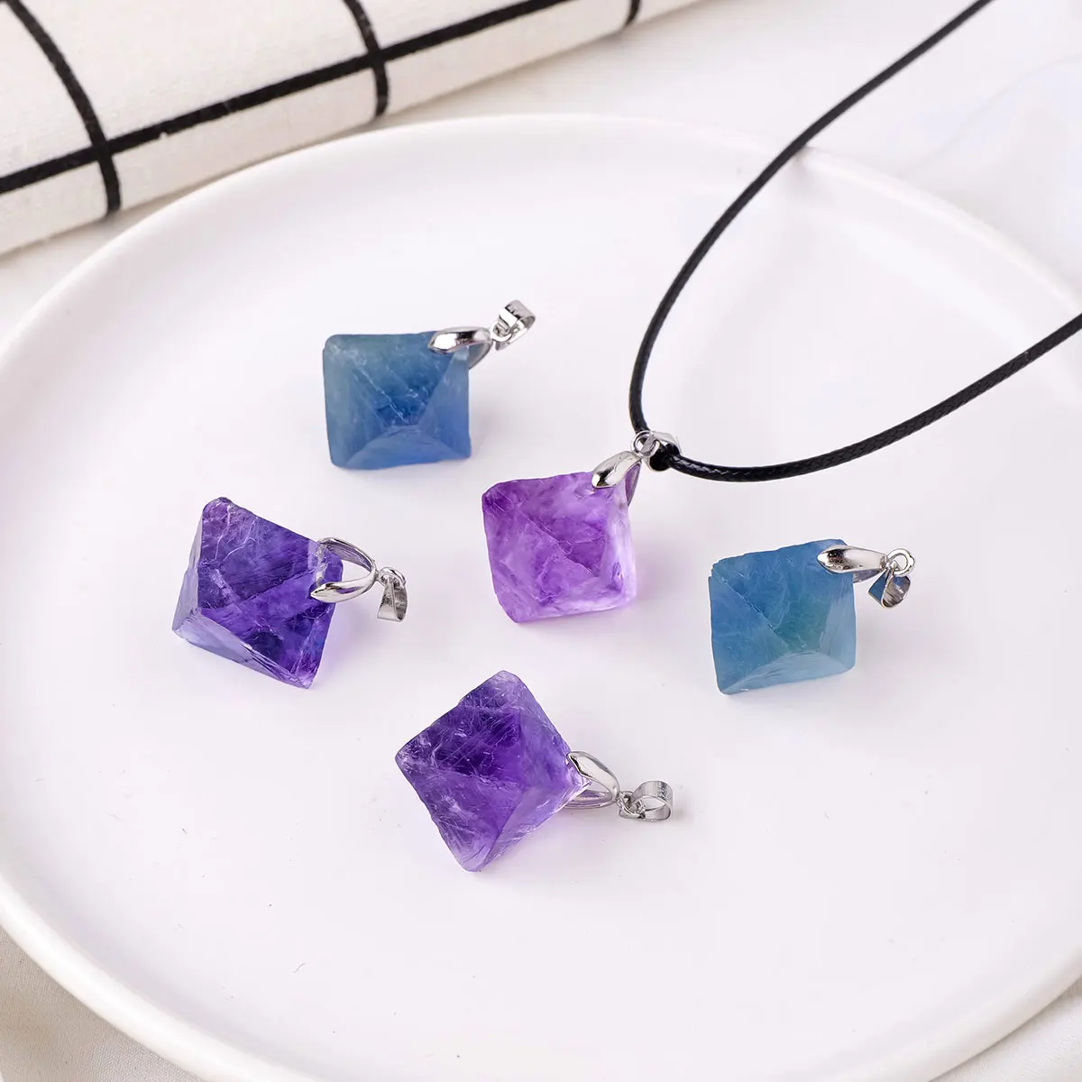 Wholesale new product Crystal Healing stones pendant Blue purple Fluorite octahedron pendant leather string gifts