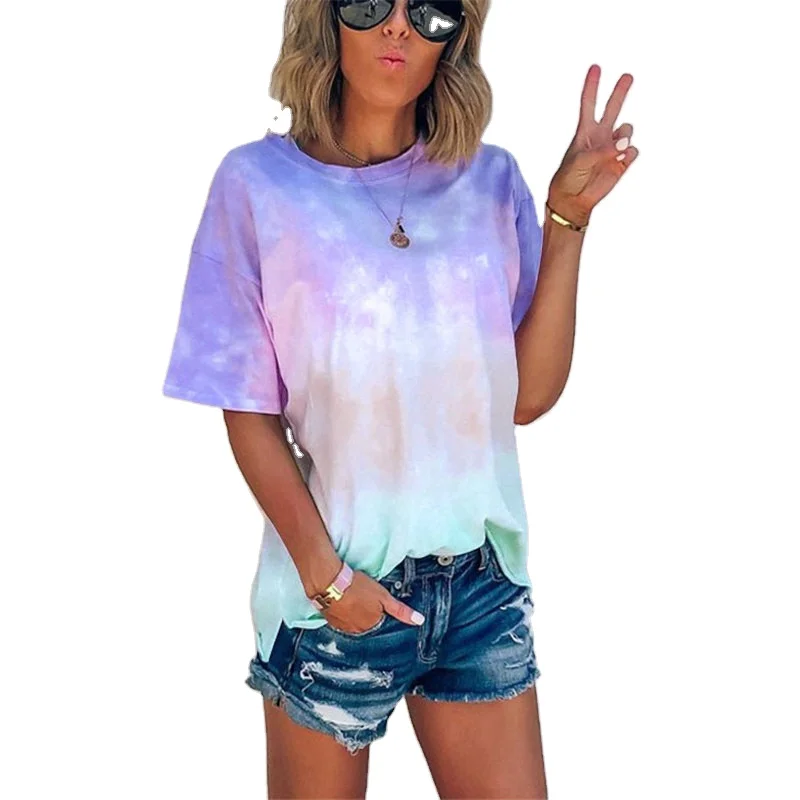 
2021Custom top selling Summer New Products Loose Tie Dye T Shirt Printing Designer T Shirt Women 