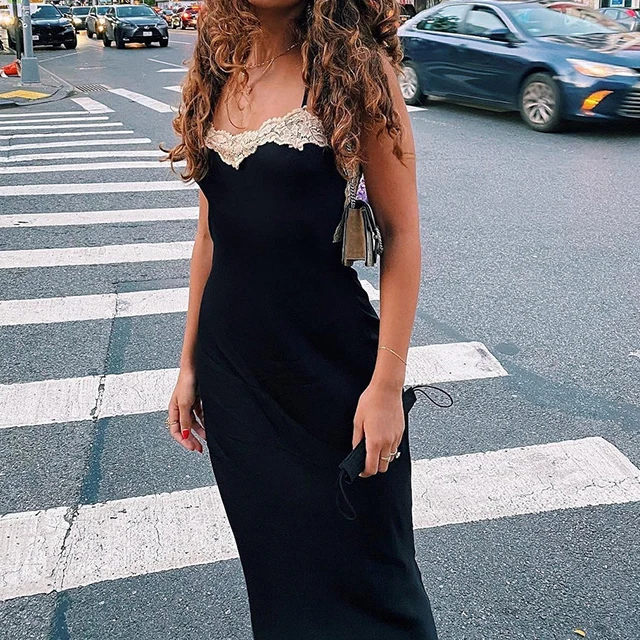 OEM 2022 Custom 100% Polyester Women Slip Dress Black Lace Trim Adjustable Crossover Shoulder Straps Casual Midi Dresses