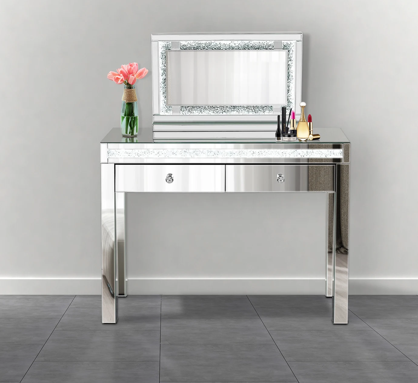 luxury crush diamond Bedroom led light furniture mirror dressing table with 7 drawers