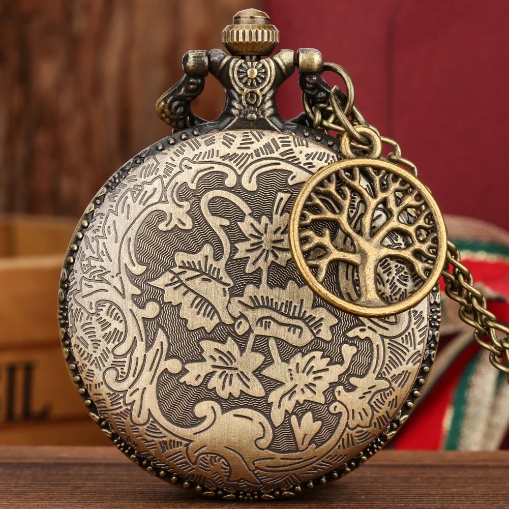 Souvenir Chain Clock Vintage Bronze Hollow Necklace Pocket Watch With Tree Of Life Pendant
