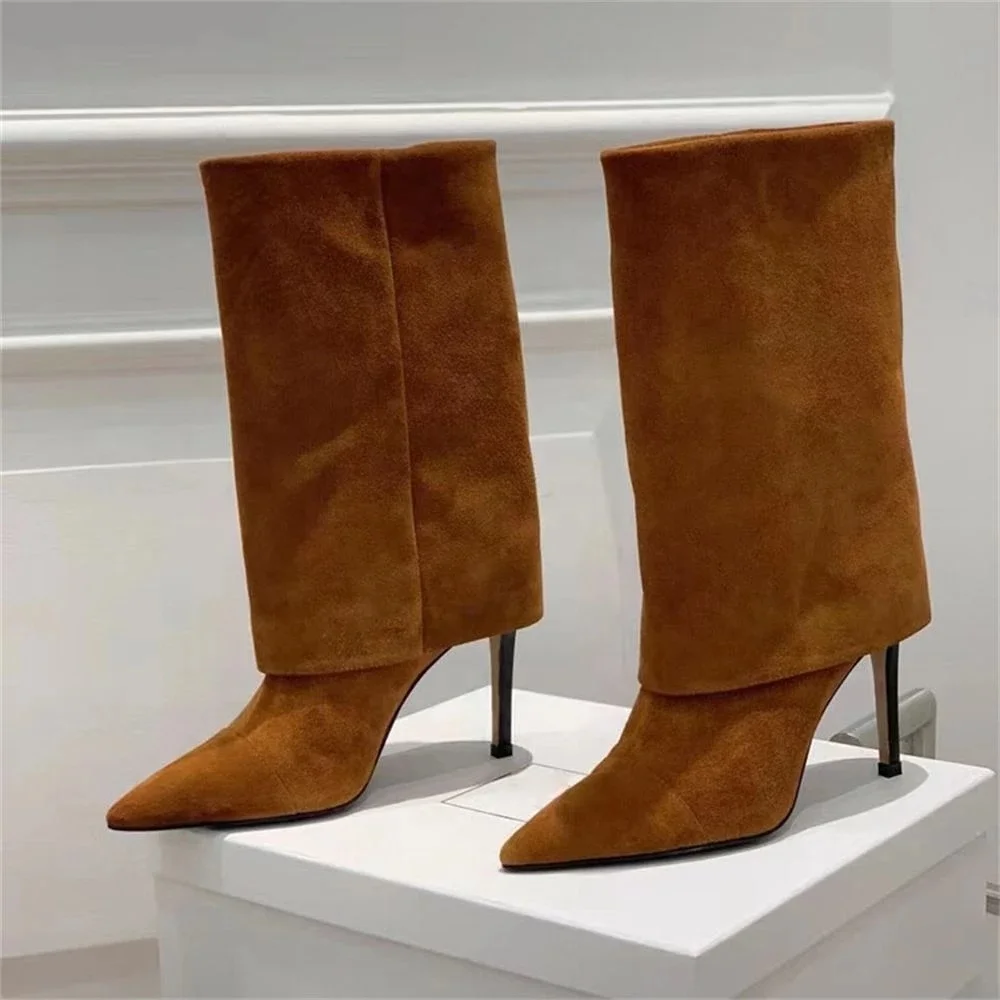 Winter Pointed Toe Slip On Ankle Boots Ladies Turned-Over Edge Suede Short Booties Women Stiletto High Heel Shoes