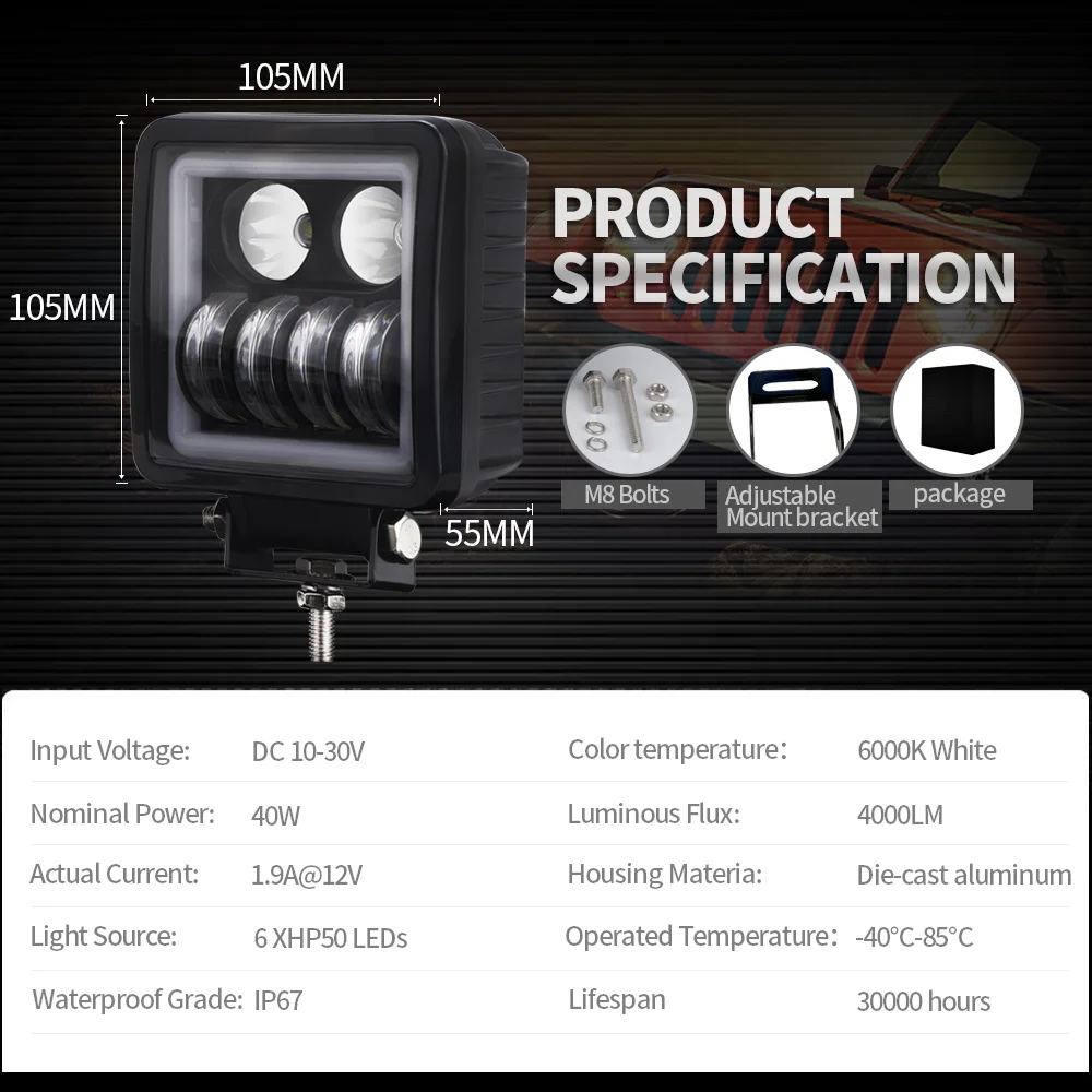 6 Inch 6D 20W LED Work Light Beam 6000K White 12V24V Car Light Motorcycle ATV UTV