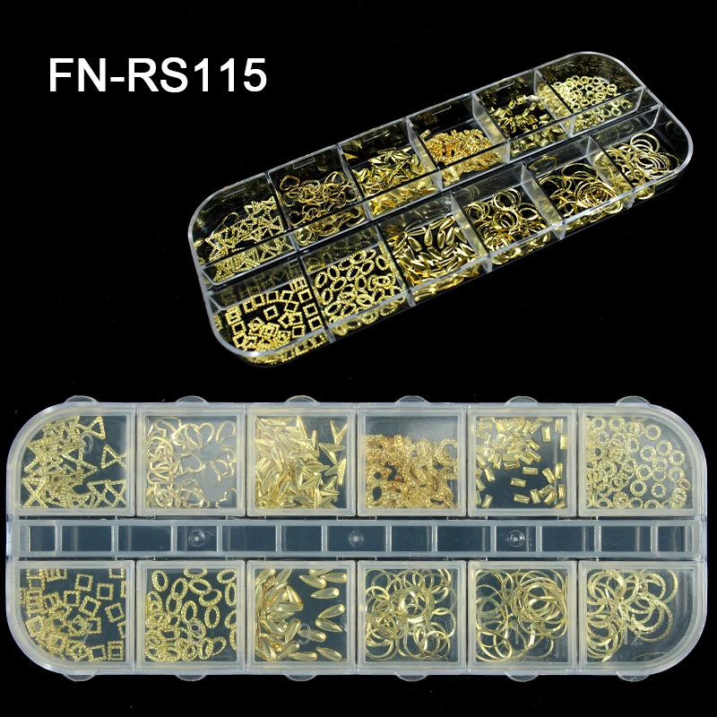 wholesale stock boxes gold 12 designs 3D Metal nail art decoration kit accessories for Beauty Charms Rivet