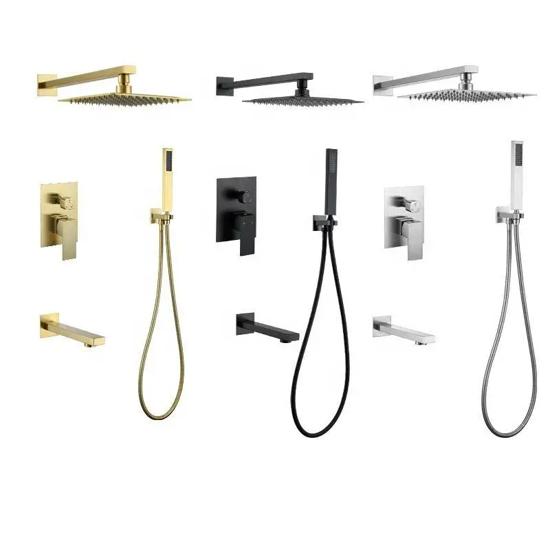 Wholesale In-wall Concealed Shower Mixer Faucets Set Rainfall Shower System Rain Shower Set Black Massage Stainless Steel Square