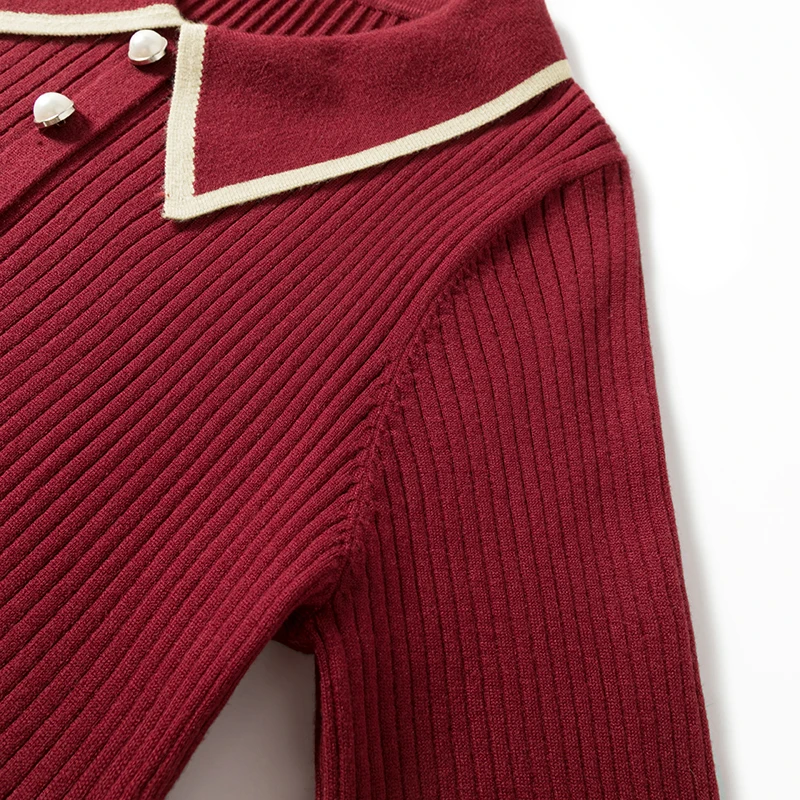 Custom Autumn and Winter Ladies Elegant Casual  Polo Pearl Cotton Long Sleeves Knitted Plus Size Sweater Dresses
