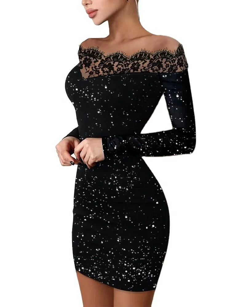 Long sleeve lace Crop Top silver powder dresses Off Shoulder Contrast Lace Glitter Bodycon Dress