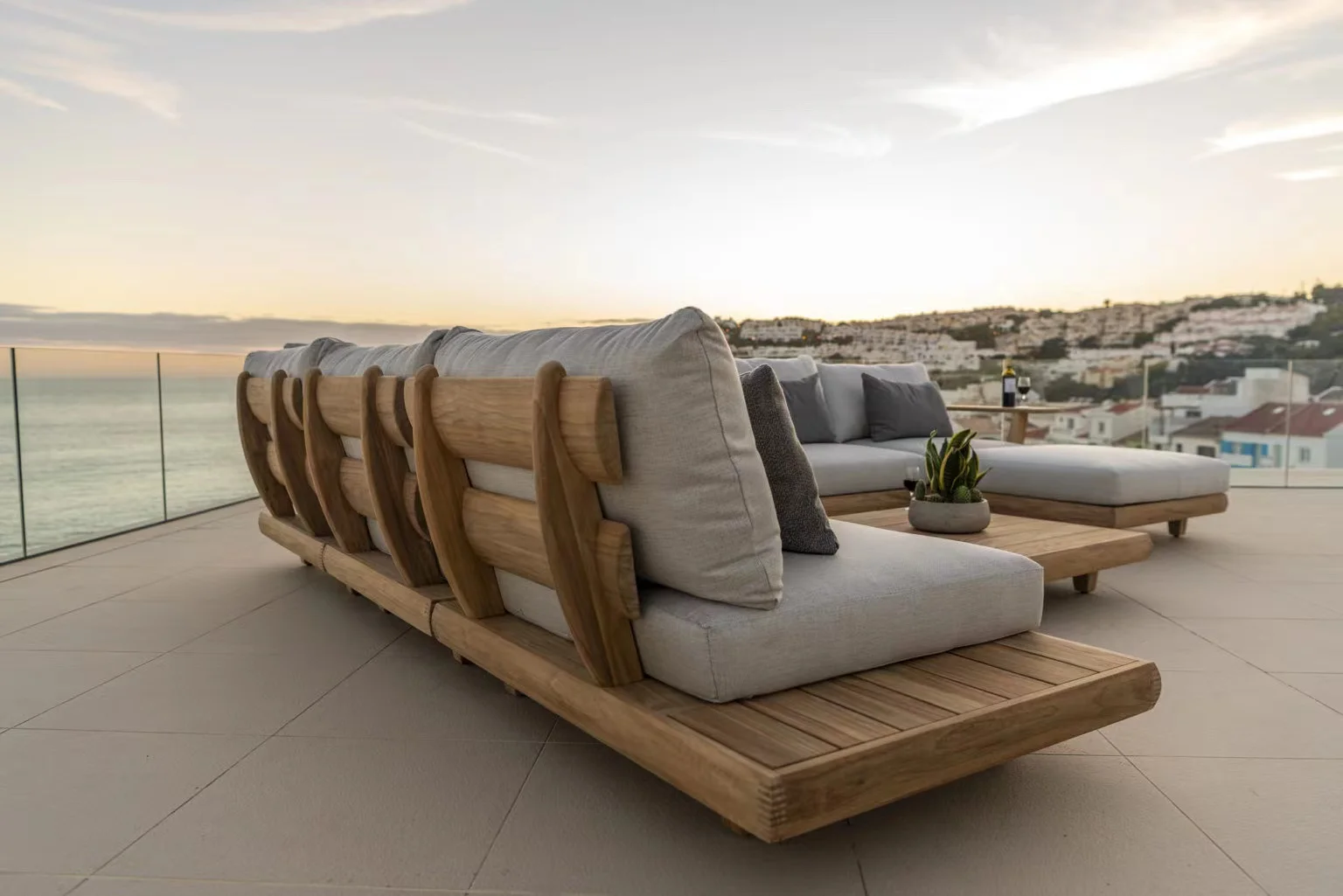 Simple Modern Waterproof Teak Wood Furniture with Cushions Living Room Balcony Garden Patio Hotel Sectional Outdoor Sofa