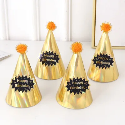 Birthday hat golden cardboard birthday hat party decoration gold silk party plush ball hat 18 cm
