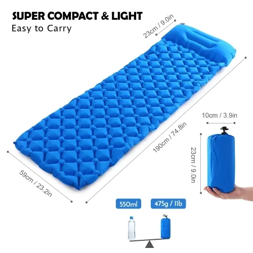 quick flow valve  with Pillow  Flexible structure fits well   Compact Ultralight Waterproof Camping Air Mat comfortable support