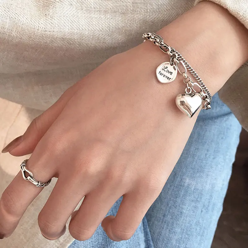 925 platinum-plated couple love letter double-layer bracelet female ins niche design Thai silver retro light luxury jewelry