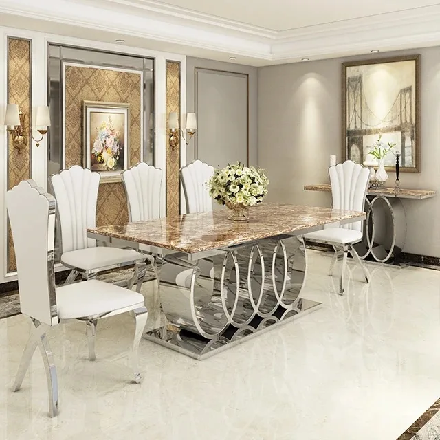 new style  European Luxury Can Customized Dining Room Table Restaurant Dinning Table Set Stainless Steel Dining Table Marble