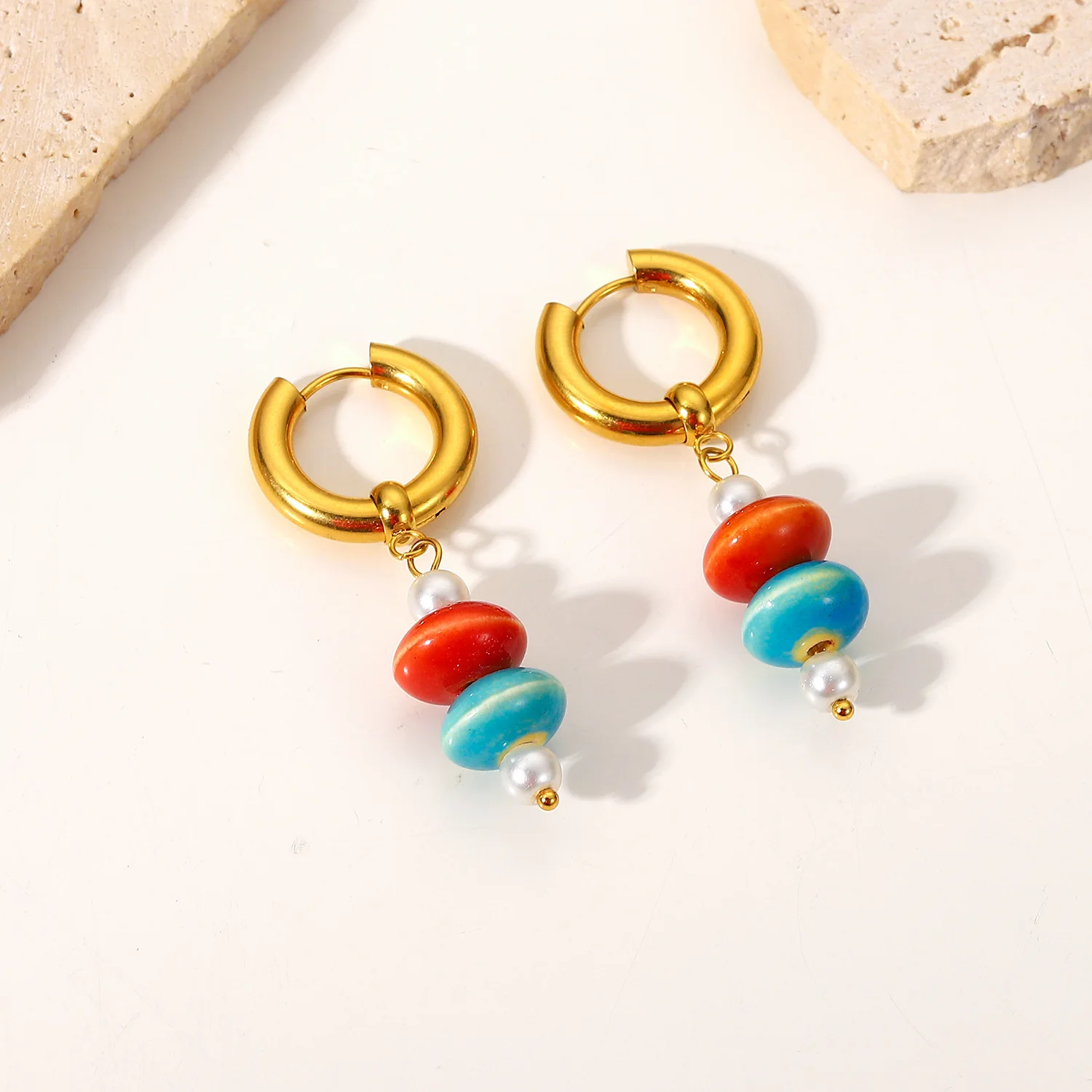 New French Court Style Color Ceramic Bead Hoop Women Gift Stainless Steel Gold Plated Pendant Earrings