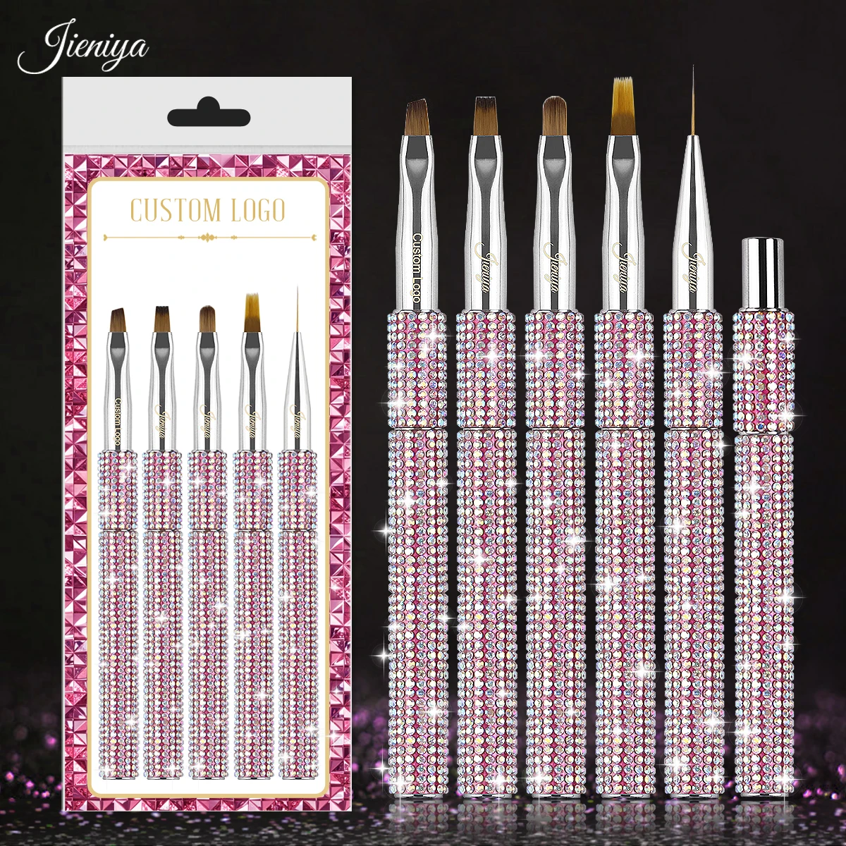 Popular Nail salon brush pink metal handle with bling Rhinestones nail art liner brush for Nail polish application