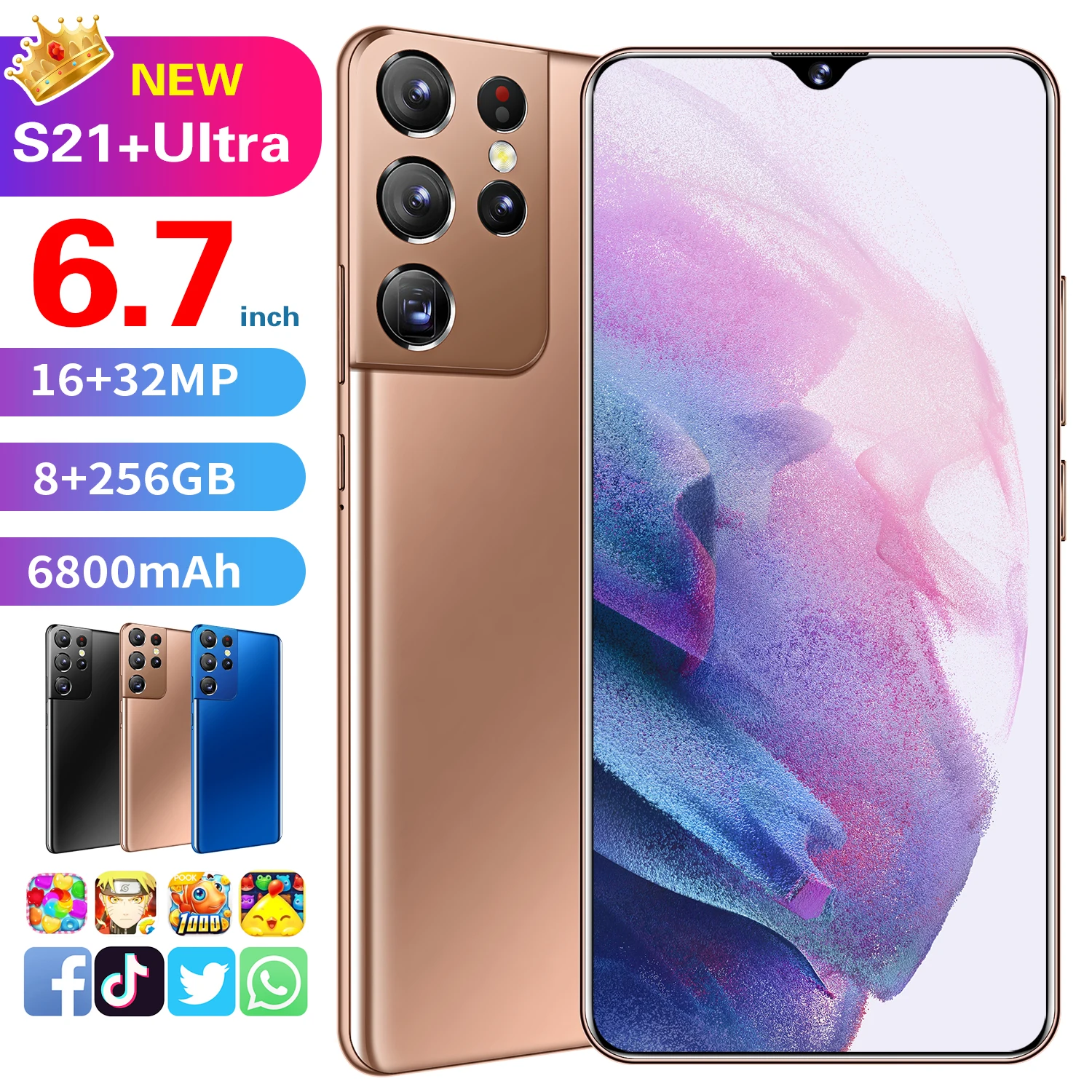 S21 + Ультра Лидер продаж 8 ГБ 256 6 7 дюймов полный экран Android 10 0 мобильного телефона сотовый телефон