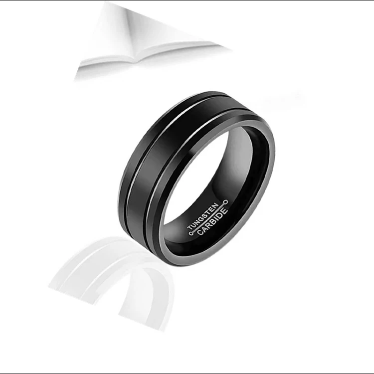 Y054 Hot Selling Minimalism Jewelry Black Center Grooved Beveled Edges Wedding PVD Stainless Steel Rings for Men