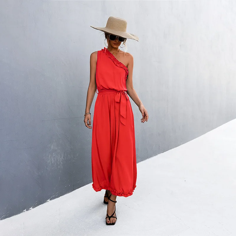 MOTE-ZC657 2023 Fashion Women Summer Plain Black One Shoulder Dress Casual Green Loose Ruffle Sleeveless Long Dresses